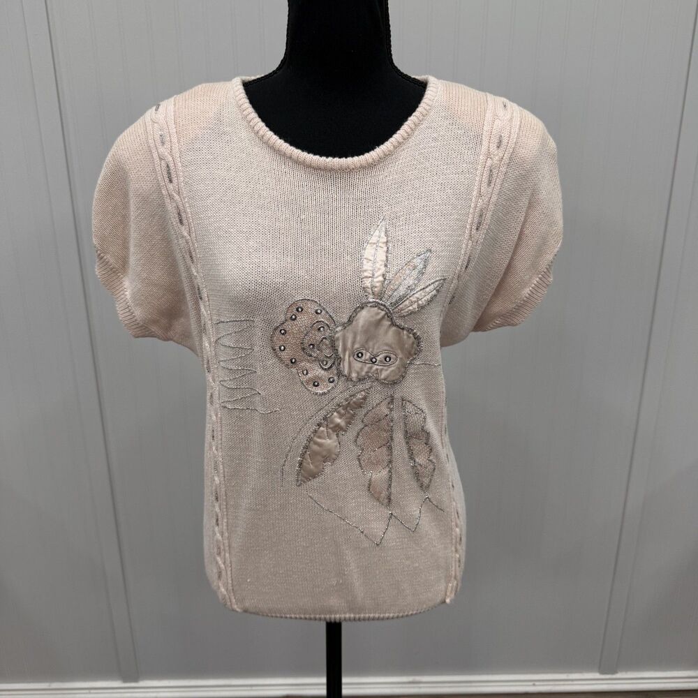 Vintage Shenanigans 80s 90s Knit Top L Large Pink Floral Applique Shoulder Pads